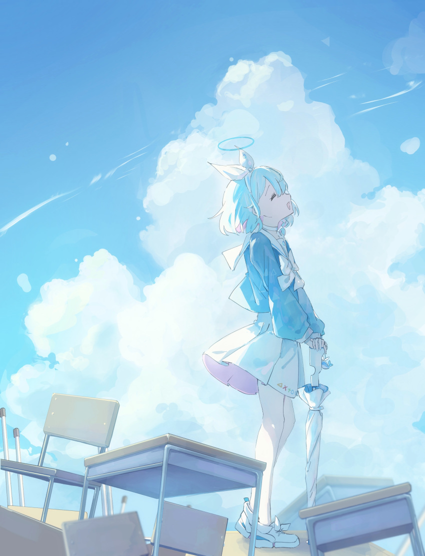 1girl absurdres arona_(blue_archive) blue_archive blue_hair blue_halo blue_shirt blue_sky chair closed_eyes closed_umbrella clouds cloudy_sky colored_inner_hair commentary cumulonimbus_cloud day desk from_side full_body hair_ribbon halo highres holding holding_umbrella kafuuchino_(chouti) long_sleeves medium_hair multicolored_hair outdoors pink_hair ribbon school_chair school_desk shirt shoes skirt sky solo standing umbrella white_footwear white_ribbon white_skirt