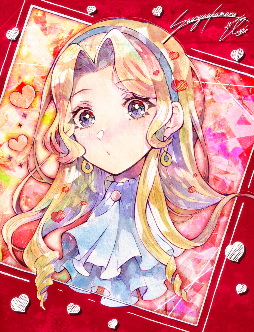 1girl akamaru_saasha artist_name blonde_hair commentary constance_von_nuvelle drill_hair earrings eyelashes fire_emblem fire_emblem:_three_houses heart highres jewelry long_hair looking_at_viewer multicolored_hair purple_hair red_background signature solo symbol-only_commentary two-tone_hair upper_body violet_eyes