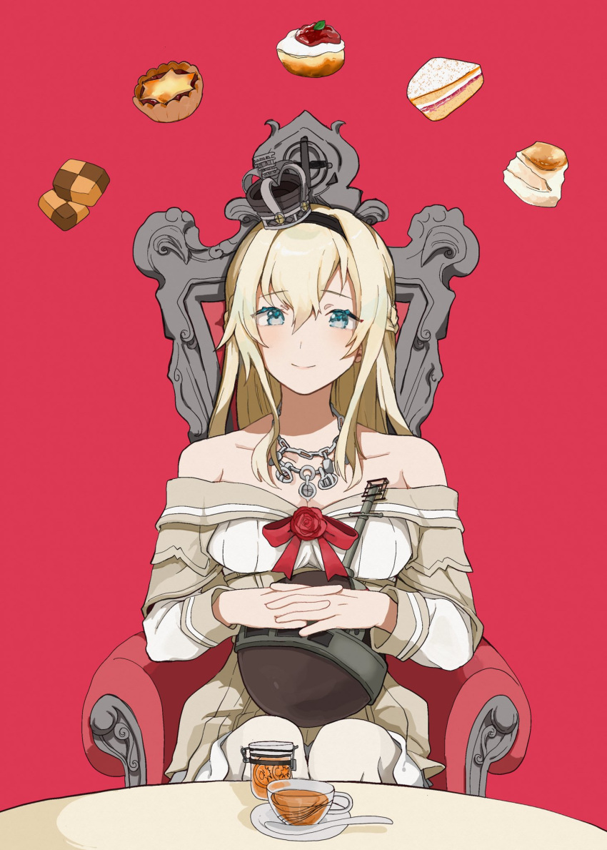 1girl blonde_hair blue_eyes braid breasts cake cookie crown cup dress flower food french_braid hair_between_eyes hairband highres jewelry kantai_collection long_hair long_sleeves mini_crown necklace off-shoulder_dress off_shoulder red_flower red_rose ribbon rose shamomo smile solo tea teacup warspite_(kancolle) white_dress