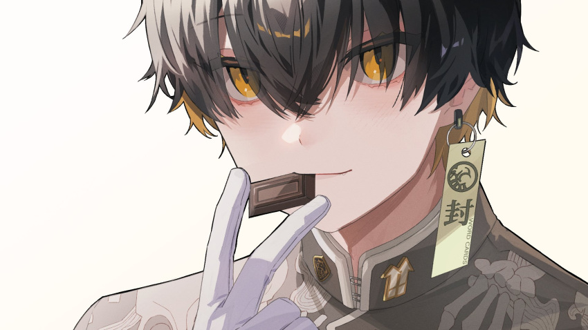 1boy bishounen black_hair blonde_hair chocolate closed_mouth colored_inner_hair earrings eating eyelashes food gloves hair_between_eyes highres holding holding_food holostars jewelry multicolored_hair portrait roooongs short_hair smile solo two-tone_hair v virtual_youtuber white_background white_gloves yatogami_fuma yellow_eyes