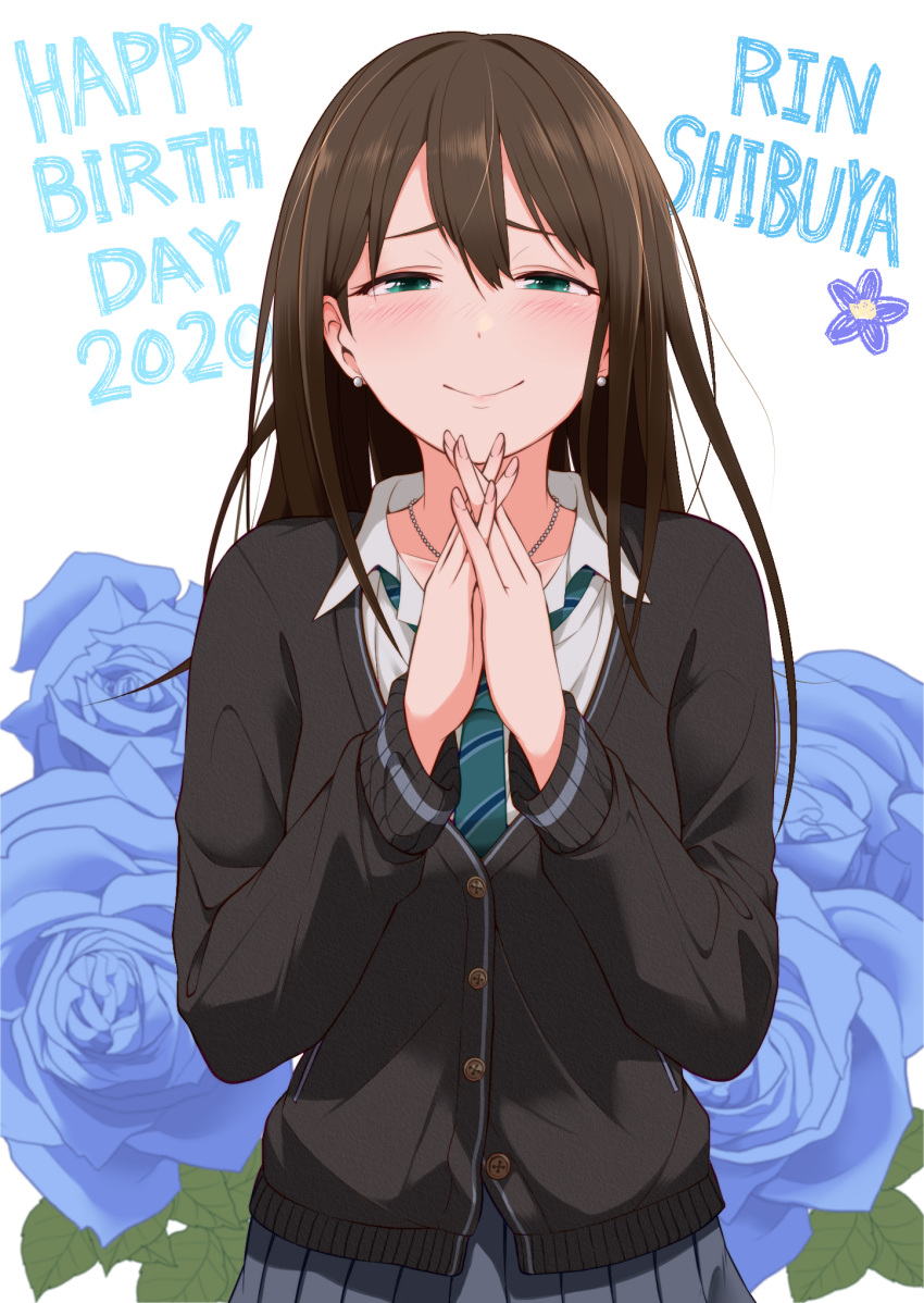 1girl 2020 aojiroi_fokkusu blush brown_hair cardigan character_name commentary_request earrings floral_background gift green_eyes happy_birthday highres idolmaster idolmaster_cinderella_girls jewelry long_hair necklace necktie own_hands_together school_uniform shibuya_rin simple_background skirt smile white_background