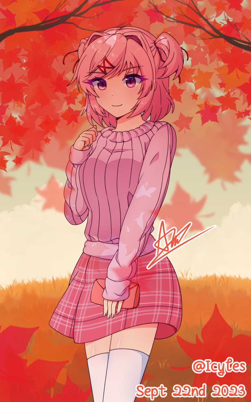 1girl :3 artist_name autumn autumn_leaves bag bob_cut branch breasts cloud cloudy_sky clutch cowboy_shot cumulonimbus_cloud curled_fingers dated doki_doki_literature_club eyelashes falling_leaves grass hair_intakes hair_ornament hair_ribbon hand_on_lap hand_up highres holding holding_bag icyles leaf light_smile long_sleeves maple_leaf medium_breasts natsuki_(doki_doki_literature_club) orange_background pink_bag pink_eyes pink_hair pink_skirt pink_sweater plaid plaid_skirt pleated_skirt red_ribbon ribbed_sweater ribbon short_hair signature skirt sky sleeves_past_wrists smile solo standing sweater swept_bangs thighhighs tree twintails two_side_up white_thighhighs x_hair_ornament yellow_sky zettai_ryouiki