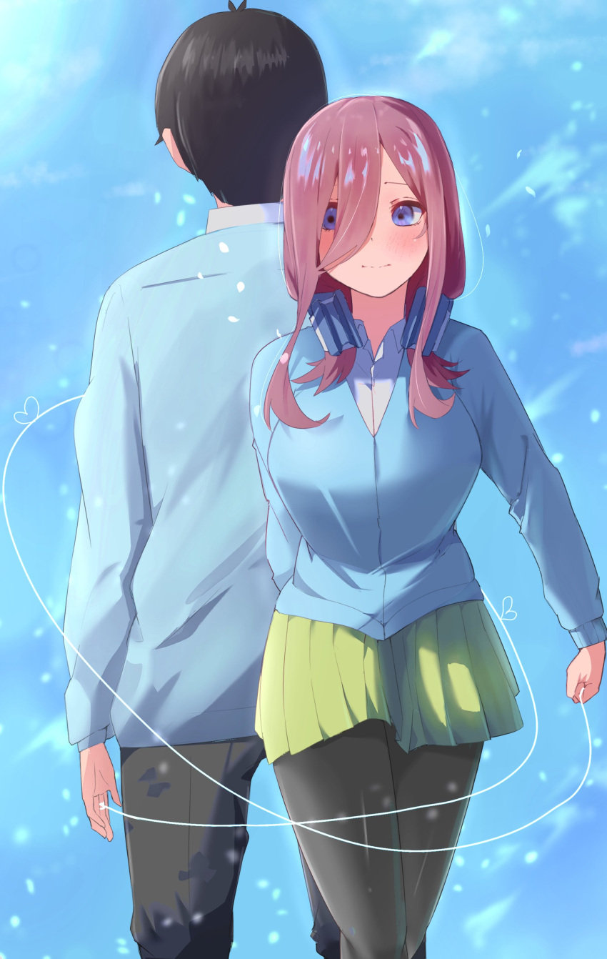1boy 1girl absurdres arm_at_side arm_behind_back back-to-back black_hair black_pantyhose blue_background blue_cardigan blue_eyes blush breasts brown_hair cardigan closed_mouth commentary_request couple enpera falling_petals feet_out_of_frame go-toubun_no_hanayome green_skirt hair_over_one_eye headphones headphones_around_neck heart heart_of_string hetero highres holding holding_string kisaragi_yotsuba large_breasts long_hair long_sleeves looking_to_the_side miniskirt nakano_miku pantyhose petals pleated_skirt school_uniform short_hair simple_background skirt split_mouth standing string string_of_fate uesugi_fuutarou