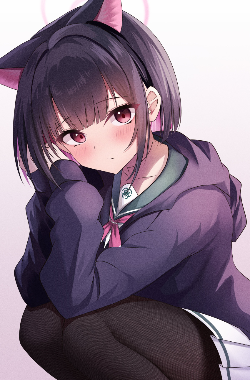 1girl :/ absurdres animal_ears black_hair black_pantyhose blue_archive blush cat_ears cat_girl closed_mouth colored_inner_hair commentary expressionless eyes_visible_through_hair feet_out_of_frame gradient_background green_sailor_collar hair_intakes halo highres hood hood_down hoodie kazusa_(blue_archive) long_sleeves looking_at_viewer multicolored_hair neckerchief onabe_no_shime pantyhose pink_background pink_eyes pink_hair pink_halo pink_neckerchief pleated_skirt purple_hoodie sailor_collar short_hair skirt solo squatting triangle unfinished white_background white_skirt
