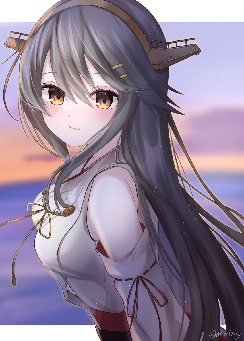 1girl bare_shoulders blurry blurry_background blush breasts closed_mouth clouds detached_sleeves grey_hair hair_between_eyes hair_ornament hairclip haruna_(kancolle) headgear highres japanese_clothes kantai_collection long_hair looking_at_viewer medium_breasts nontraditional_miko orange_eyes outdoors sky solo twitter_username upper_body vest yoshino_(mfmfpng)