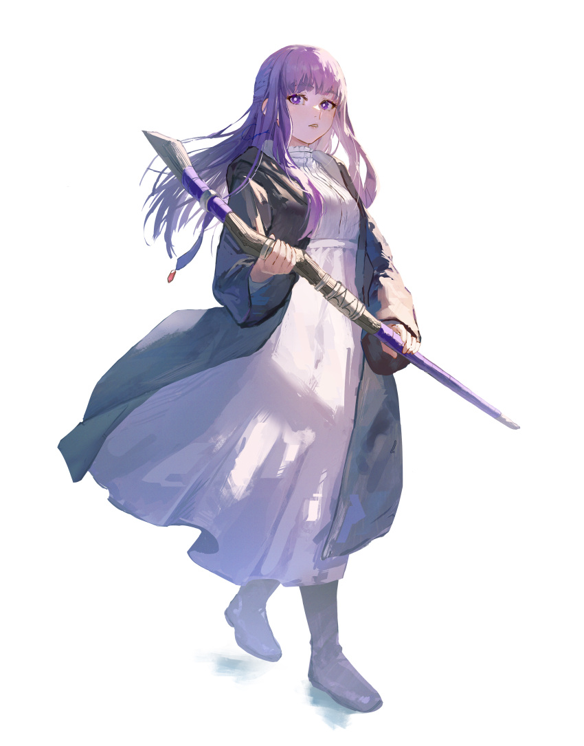 1girl absurdres black_robe blunt_bangs boots commentary_request dress fern_(sousou_no_frieren) full_body highres holding holding_staff long_hair long_sleeves looking_at_viewer open_clothes open_robe parted_lips purple_hair robe simple_background solo sousou_no_frieren staff standing violet_eyes walking white_background white_dress yos_(72112764)