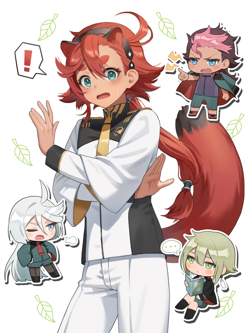 ! 2boys 2girls animal_ears chibi commentary_request cowboy_shot elan_ceres green_eyes grey_hair guel_jeturk gundam gundam_suisei_no_majo highres kemonomimi_mode korean_commentary long_hair long_sleeves looking_at_viewer miorine_rembran multiple_boys multiple_girls n2_00345 open_mouth pointing pointing_at_another raccoon_ears raccoon_tail redhead shirt spoken_exclamation_mark suletta_mercury sweatdrop tail white_shirt