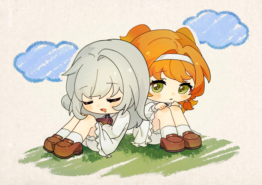 2girls absurdres book brown_footwear chibi closed_eyes clouds collared_dress dress drooling fighting_yupao grass green_eyes grey_hair hair_bun hairband highres holding holding_book loafers long_sleeves looking_at_another looking_to_the_side mouth_drool multiple_girls on_grass orange_hair paper_texture parted_lips reverse:1999 shoes shorts shorts_under_dress single_side_bun sitting sketch_background sleeping socks sonetto_(reverse:1999) two_side_up vertin_(reverse:1999) white_background white_dress white_hairband white_shorts white_socks