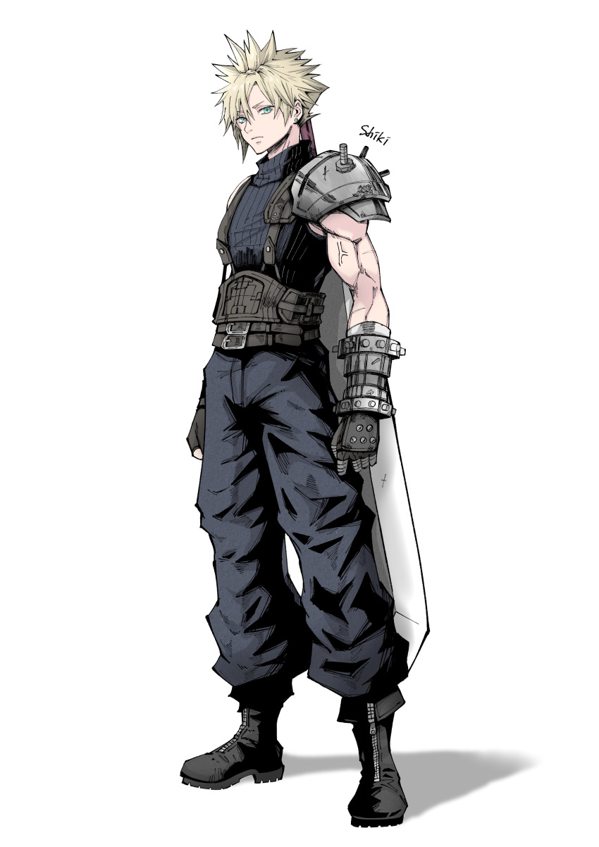 1boy absurdres anger_vein armor baggy_pants black_footwear black_gloves blonde_hair blue_eyes boots buster_sword closed_mouth cloud_strife earrings final_fantasy final_fantasy_vii final_fantasy_vii_rebirth final_fantasy_vii_remake full_body gloves highres jewelry lakugali_shiki looking_at_viewer pants ribbed_sweater short_hair shoulder_armor single_bare_shoulder single_earring sleeveless sleeveless_turtleneck solo spiky_hair standing suspenders sweater sword sword_on_back turtleneck turtleneck_sweater weapon weapon_on_back white_background