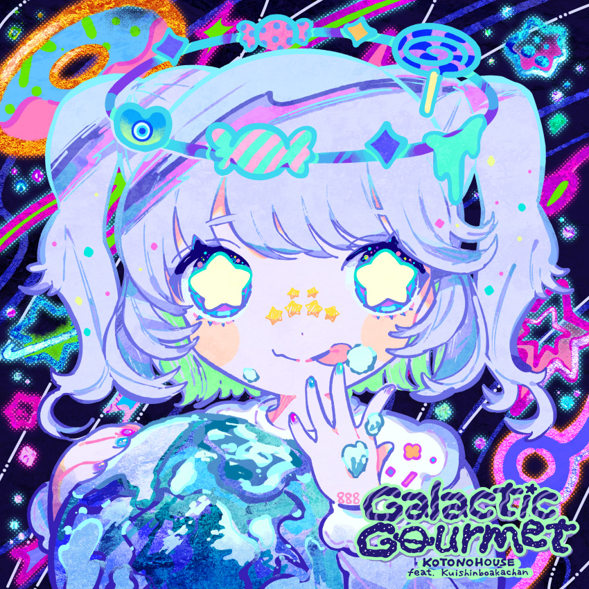 1girl absurdres album_cover blue_eyes blue_hair blue_nails candy closed_mouth commentary_request cover food food_on_face halo hand_up heart highres kiato lollipop long_sleeves looking_at_viewer multicolored_nails nail_polish original pink_nails purple_halo purple_nails second-party_source short_hair smile solo song_name sparkle star-shaped_pupils star_(symbol) sticker_on_face straight-on swirl_lollipop symbol-shaped_pupils tongue tongue_out twintails upper_body