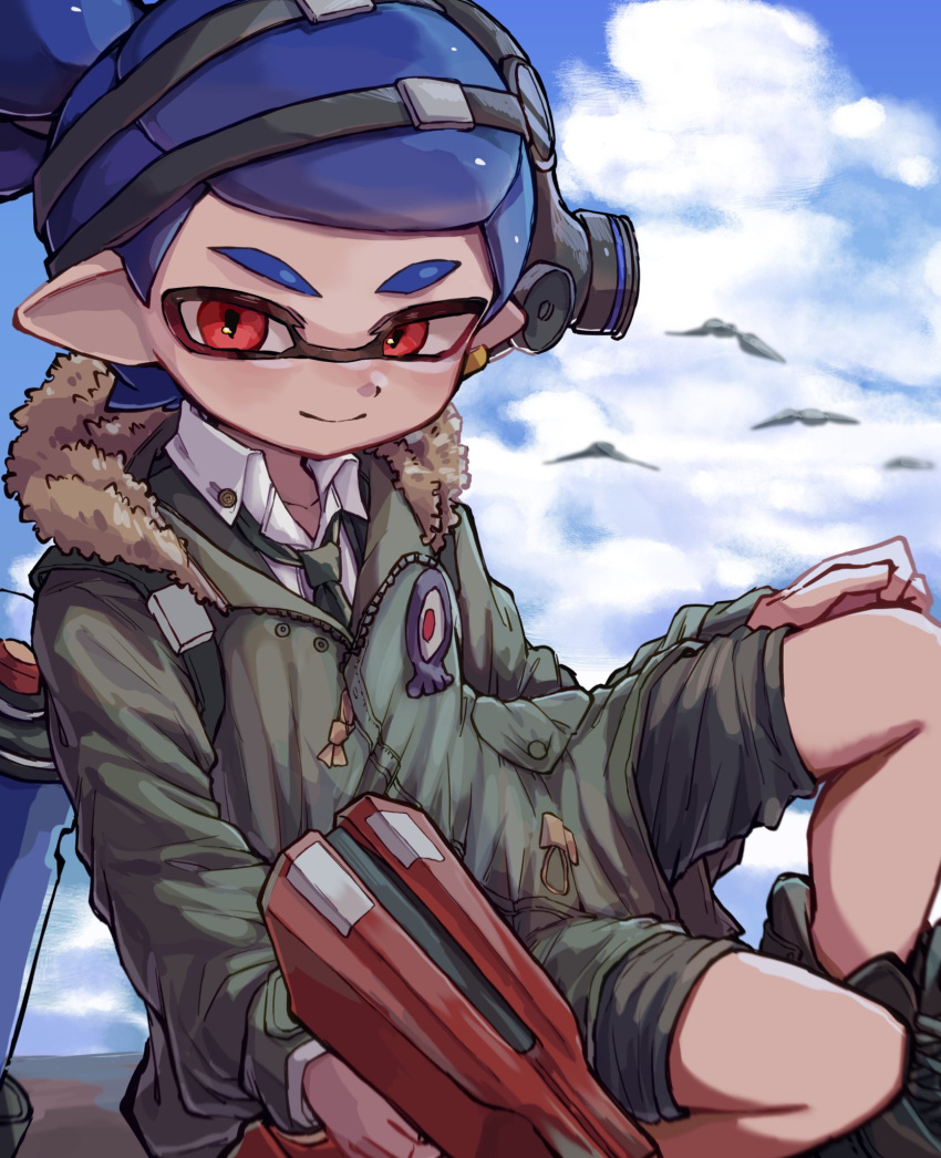 1boy black_footwear blue_hair blue_sky closed_mouth clouds coat collar commentary_request dualie_squelcher_(splatoon) fur-trimmed_coat fur_trim green_coat grey_shorts gun headgear highres holding holding_gun holding_weapon ink_tank_(splatoon) inkling_boy inkling_player_character male_focus outdoors pointy_ears red_eyes shoes short_hair shorts simple_bird sky smile solo splatoon_(series) tentacle_hair weapon white_collar yksb_inc6