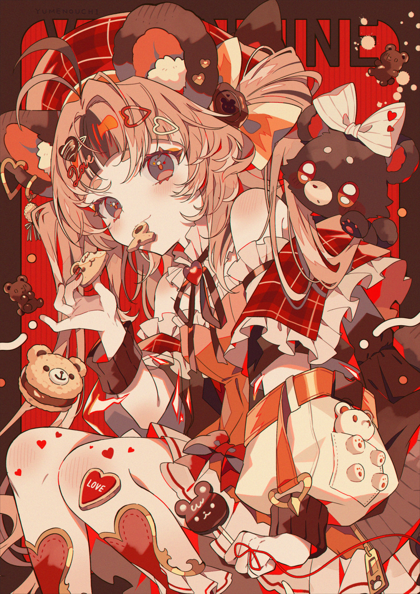 1girl ahoge animal_ears bear_ears bear_girl blush border brown_background brown_eyes brown_hair chocolate commentary cookie dress english_commentary feet_out_of_frame food food_in_mouth hair_ornament hat heart heart_hair_ornament highres holding holding_cookie holding_food long_hair looking_at_viewer original red_background red_dress red_headwear simple_background single_sleeve sleeveless smile stuffed_animal stuffed_toy teddy_bear yumenouchi_chiharu