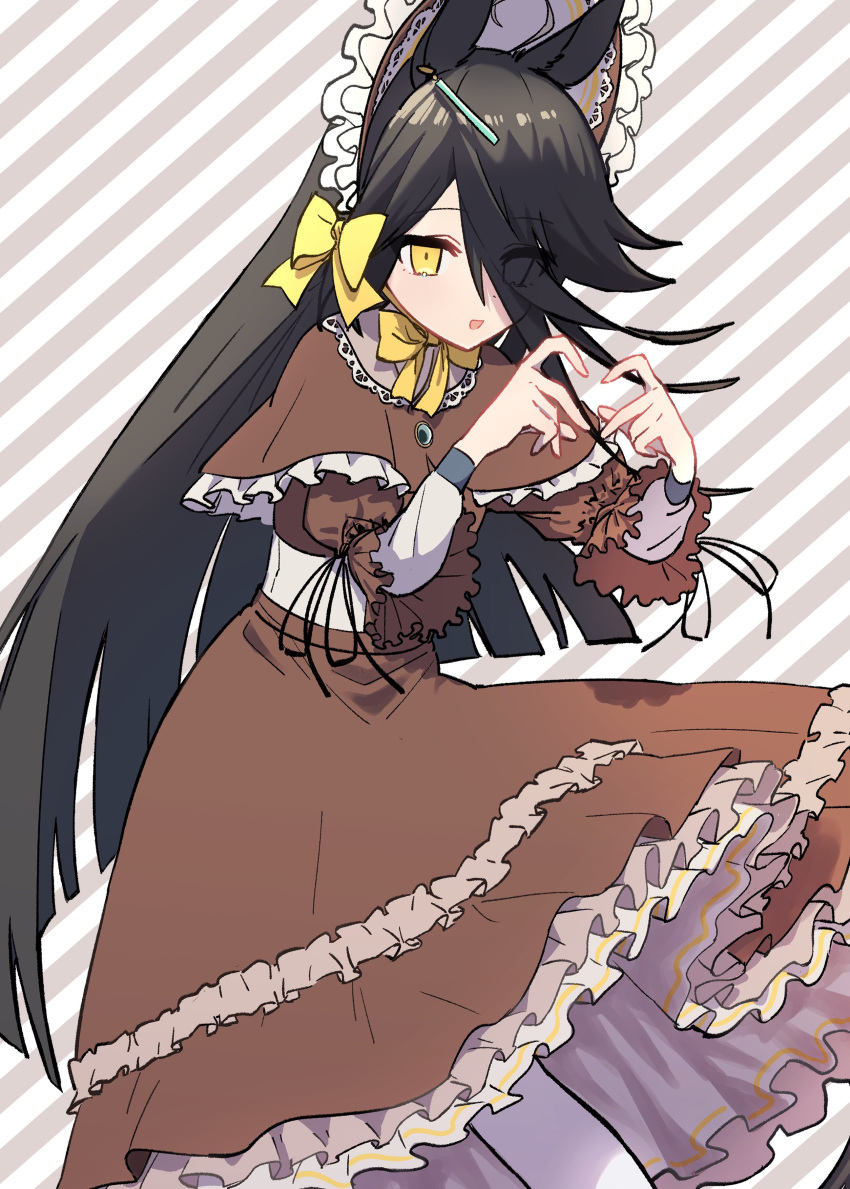 1girl absurdres ahoge animal_ears black_hair bow capelet chocolate dress ear_tag earrings eyes_visible_through_hair frilled_capelet frilled_dress frilled_headwear frills hair_between_eyes hair_over_one_eye hat heart heart_hands highres horse_ears horse_girl jewelry light_smile long_bangs long_hair long_sleeves looking_at_viewer manhattan_cafe_(umamusume) multicolored_hair neighbor_0520 red_capelet red_dress shirt single_earring smile solo striped_background umamusume valentine white_hair yellow_bow yellow_eyes