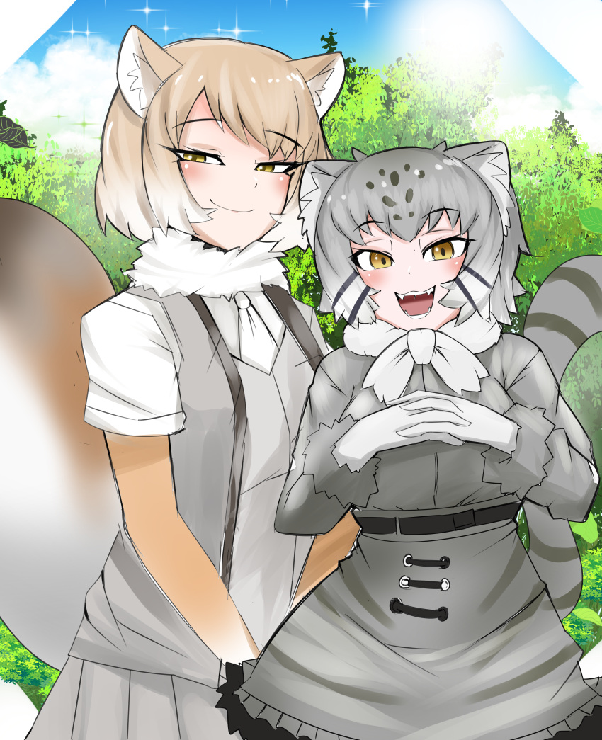 2girls absurdres animal_ear_fluff animal_ears belt black_hair blush brown_hair cat_ears cat_girl cat_tail closed_mouth day elbow_gloves fangs fox_ears fox_girl fox_tail fur-trimmed_sleeves fur_collar fur_trim gloves grey_hair hands_up height_difference high-waist_skirt highres kemono_friends light_brown_hair long_eyelashes long_sleeves looking_at_viewer multicolored_hair multiple_girls nanoder necktie open_clothes open_mouth open_vest outdoors own_hands_together pallas's_cat_(kemono_friends) parted_bangs pleated_skirt shirt shirt_tucked_in short_hair short_sleeves skirt smile sparkle spotted_hair striped_tail tail tibetan_fox_(kemono_friends) two-tone_hair upper_body v_arms vest white_hair yellow_eyes