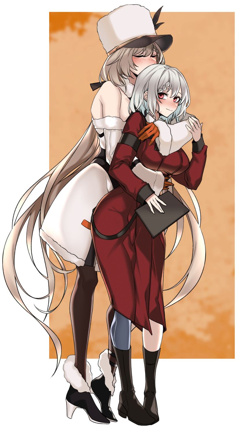 2girls absurdres armband black_armband black_footwear black_pantyhose blush boots braid closed_eyes coat commission dogs_(dlrkdejr26) dress female_commander_(girls'_frontline) french_braid full_body fur-trimmed_dress fur_hat fur_trim girls_frontline gloves grey_hair griffin_&amp;_kryuger_military_uniform hat height_difference high_heel_boots high_heels highres hug hug_from_behind kord_(girls'_frontline) light_brown_hair long_hair multiple_girls off-shoulder_dress off_shoulder orange_background orange_gloves pantyhose red_coat red_eyes short_hair smile two-tone_background white_background white_dress white_headwear