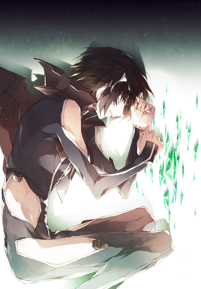 0731sa 1boy arm_cutout black_bodysuit black_hair bodysuit clenched_hands clenched_teeth closed_eyes clothing_cutout crying crystal feet_out_of_frame fetal_position finger_marks headgear highres long_sleeves lying makabe_kazuki male_focus on_side parted_bangs pilot_suit profile shards short_hair side_cutout solo soukyuu_no_fafner spoilers synergetic_suit teeth thigh_cutout