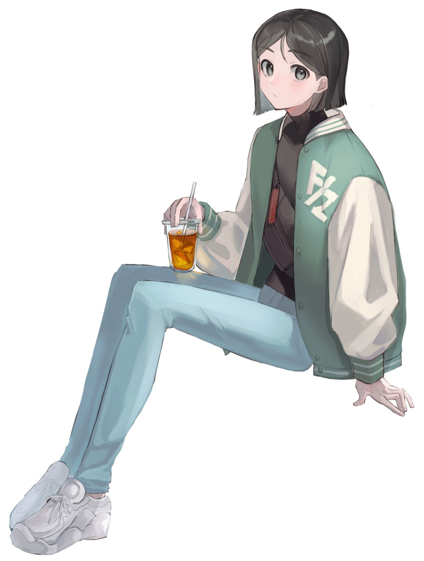 1boy arm_support black_hair black_shirt blue_pants cup drinking_straw fate/zero fate_(series) full_body green_jacket grey_eyes highres holding holding_cup invisible_chair jacket letterman_jacket long_sleeves looking_at_viewer male_focus pants shirt shoes short_hair sitting sneakers solo tokoni_fusu waver_velvet white_background white_footwear