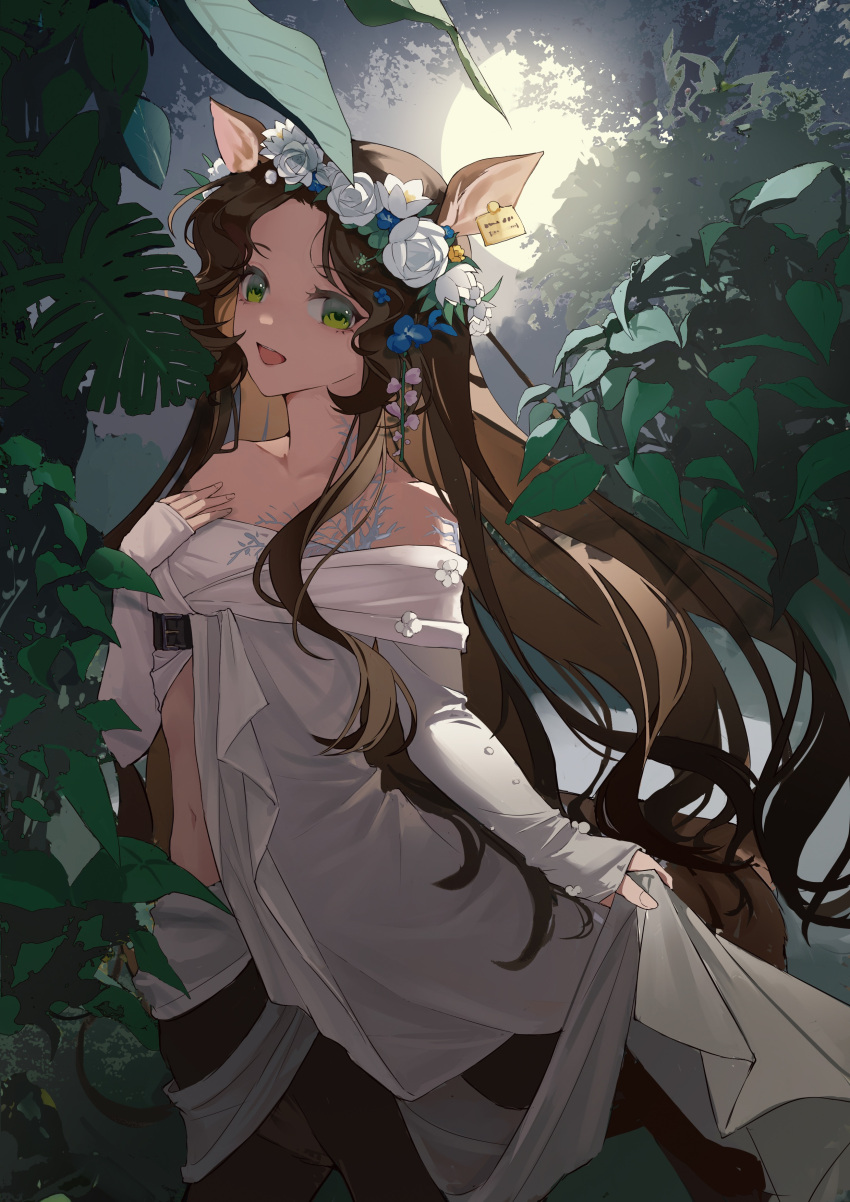 1girl :d absurdres animal_ears backlighting bare_shoulders blue_flower brown_hair centauroid cowboy_shot deer_ears deer_girl deer_tail ear_tag flower flower_wreath forest full_moon green_eyes hand_on_own_chest hand_up head_wreath highres holding holding_clothes holding_shirt jessica_(reverse:1999) leaf long_hair looking_at_viewer midriff moon nature navel night night_sky off-shoulder_shirt off_shoulder reverse:1999 rose shirt sky sleeves_past_wrists smile solo tail taur tree very_long_hair white_flower white_rose white_shirt xianyu_huan