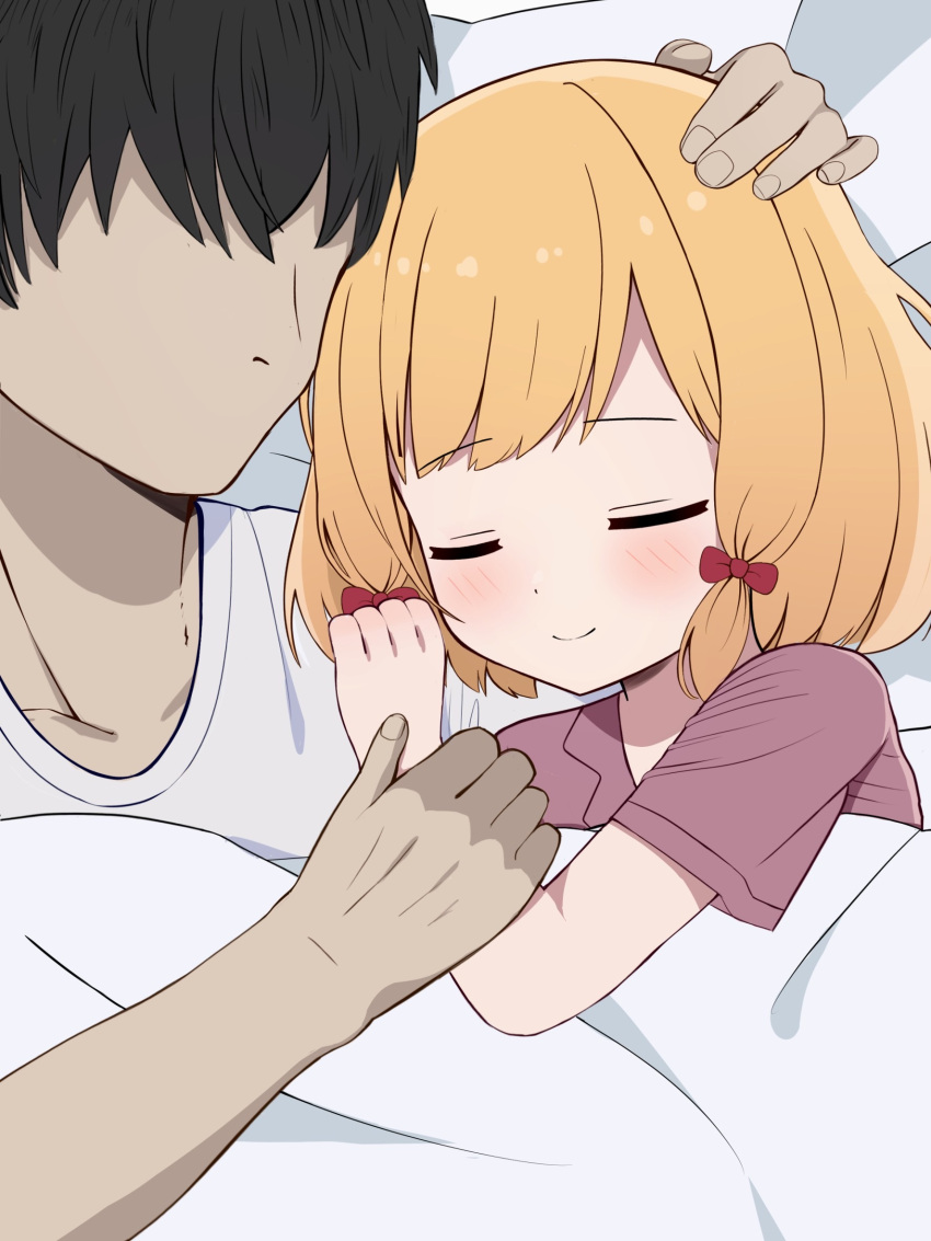 1boy 1girl aoraine bed bed_sheet black_hair blonde_hair blue_archive blush bow brown_shirt closed_eyes closed_mouth faceless faceless_male hand_on_another's_head highres holding_another's_arm momoi_(blue_archive) on_bed red_bow sensei_(blue_archive) shirt short_hair sleeping smile under_covers white_shirt