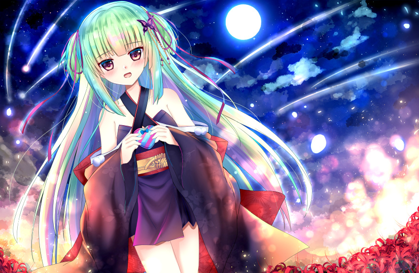 1girl :d absurdres bare_shoulders black_kimono blunt_ends blush box bright_pupils commentary cowboy_shot criss-cross_halter detached_sleeves floral_print flower full_moon gift green_hair hair_ribbon halterneck heart-shaped_box highres hime_cut holding holding_gift izumikuu japanese_clothes kimono light_particles long_hair long_ribbon long_sleeves looking_at_viewer moon murasame_(senren) night night_sky open_mouth outdoors pom_pom_(clothes) red_eyes red_flower red_ribbon red_sash red_spider_lily ribbon sash senren_banka shooting_star sidelocks sky smile solo spider_lily straight_hair two_side_up valentine very_long_hair wide_sleeves