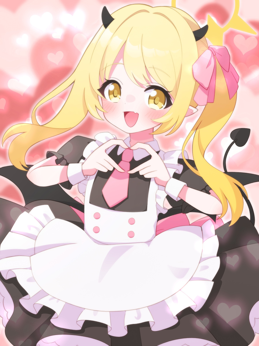 1girl :d absurdres alternate_costume apron black_dress black_horns black_tail black_wings blonde_hair blue_archive bow cowboy_shot demon_girl demon_horns demon_tail demon_wings dress enmaided fang frilled_apron frilled_dress frills hair_bow halo heart heart_background heart_hands highres horns ibuki_(blue_archive) looking_at_viewer low_wings maid maid_apron medium_hair necktie open_mouth petako_(ptpt_k) petticoat pink_bow pink_necktie pointy_ears puffy_short_sleeves puffy_sleeves short_sleeves skin_fang smile solo tail white_apron white_wrist_cuffs wings wrist_cuffs yellow_eyes yellow_halo