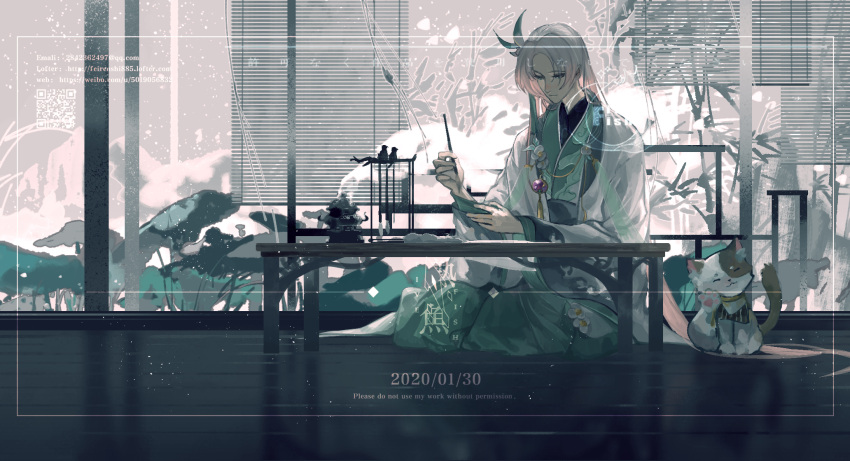 1boy backlighting bamboo bamboo_screen calligraphy_brush camellia cat chinese_clothes closed_mouth coat curtained_hair dated expressionless flower full_body gradient_hair green_eyes green_robe hair_ornament hanfu highres holding holding_calligraphy_brush holding_paintbrush long_hair long_sleeves longjing_shrimp_(the_tale_of_food) looking_at_object looking_down lotus_leaf male_focus multicolored_hair on_floor open_clothes open_coat paintbrush paintbrush_rack paper parted_bangs pink_hair robe shule_de_yu sitting solo table the_tale_of_food veranda very_long_hair watermark white_coat white_flower white_hair wide_sleeves