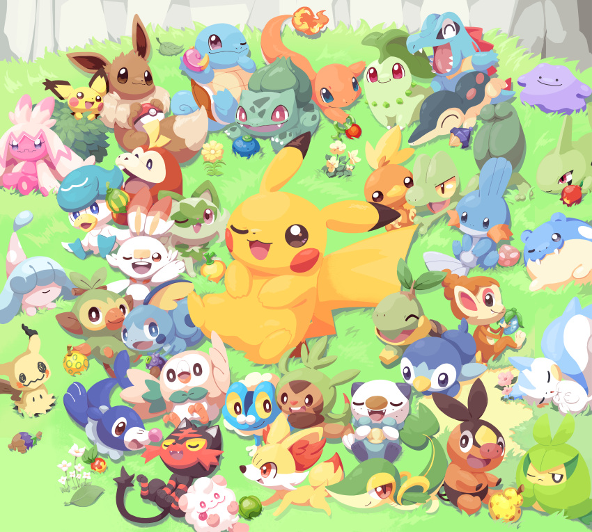 :d absurdres berry_(pokemon) bright_pupils brown_eyes bulbasaur bush charmander chespin chikorita chimchar claws closed_eyes commentary_request cyndaquil day ditto eevee fangs fennekin flame-tipped_tail flower froakie fuecoco grass grookey hatenna highres holding larvitar leaf litten lying mimikyu mudkip no_humans one_eye_closed open_mouth oran_berry oshawott outdoors pachirisu pichu pikachu piplup pokemon pokemon_(creature) popplio quaxly red_eyes rowlet scorbunny sitrus_berry sitting smile snivy sobble spheal sprigatito squirtle swadloon swirlix tepig tinkaton torchic totodile treecko ttrtag turtwig white_pupils yellow_flower