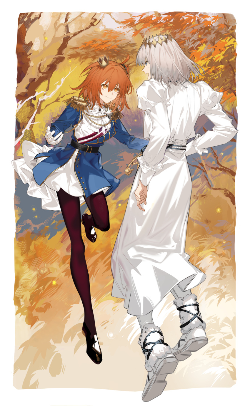 1boy 1girl ahoge aiguillette arlizi arm_at_side autumn autumn_leaves belt black_belt black_brooch black_footwear black_pantyhose black_scrunchie blue_eyes blue_jacket boots bow bowtie caterpillar closed_mouth commentary crown dress epaulettes eye_contact fate/grand_order fate_(series) forest fujimaru_ritsuka_(female) fujimaru_ritsuka_(female)_(halloween_royalty) full_body fur-trimmed_boots fur_trim gloves gold_trim grass grey_hair hair_between_eyes highres jacket juliet_sleeves leg_up long_sleeves looking_at_another medium_hair mini_crown nature oberon_(fate) open_mouth orange_eyes orange_hair outdoors pantyhose puffy_sleeves scrunchie shoes side_ponytail sleeve_cuffs smile sweatdrop tassel tree white_bow white_bowtie white_dress white_footwear white_gloves