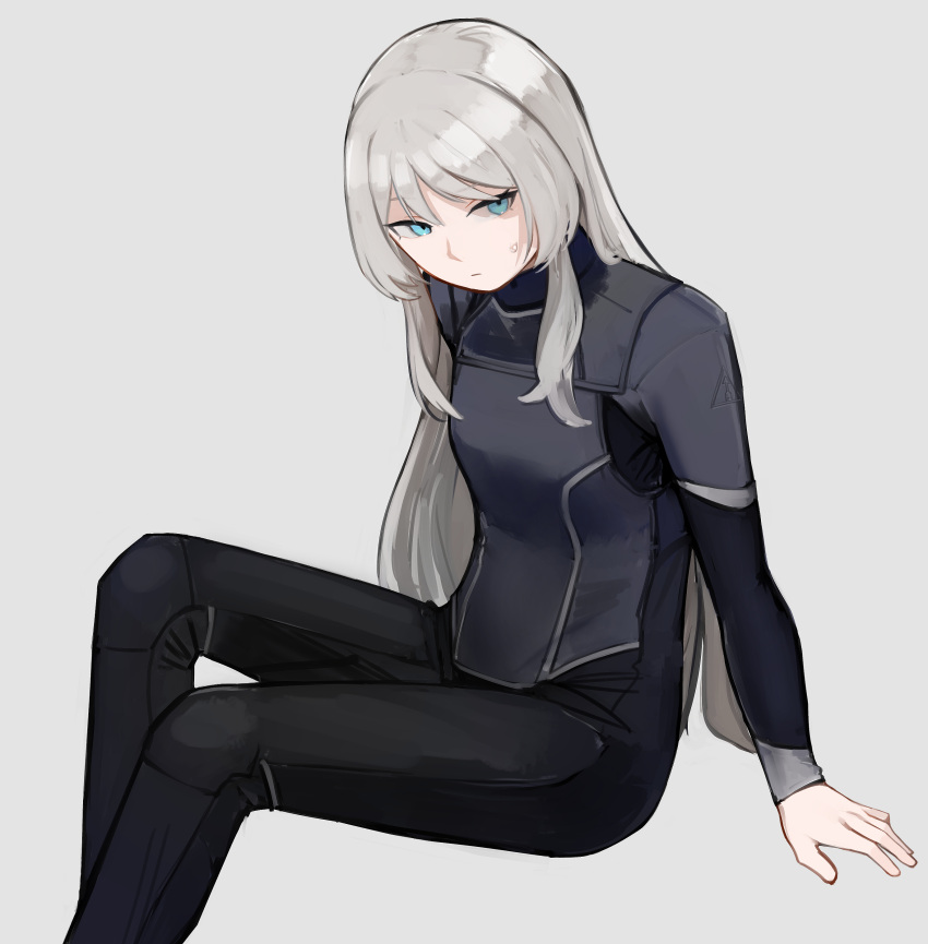 1girl absurdres alternate_costume an-94_(girls'_frontline) blue_eyes bodysuit expressionless feet_out_of_frame girls_frontline grey_background highres long_hair rampart1028 sitting solo sweatdrop white_hair