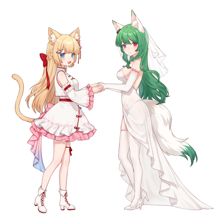 2girls :d absurdres alternate_costume animal_ear_fluff animal_ears arisa_maple backless_dress backless_outfit bare_shoulders bell_sleeves blonde_hair blue_eyes blush body_writing boots bow braid breasts bridal_veil cat_ears cat_girl cat_tail chinese_clothes chinese_commentary choker commentary_request covered_navel cross-laced_footwear detached_sleeves dress elbow_gloves facing_another facing_to_the_side fish_hair_ornament fox_ears fox_girl fox_tail french_braid frilled_sleeves frills full_body gloves green_hair green_tail hair_bow hair_ornament hairclip hanazono_serena hand_grab heterochromia high_heel_boots high_heels highres indie_virtual_youtuber leg_ribbon long_hair looking_at_viewer medium_breasts miyayoki multiple_girls red_bow red_eyes red_ribbon ribbon see-through see-through_dress simple_background skindentation smile standing tail thigh-highs thigh_ribbon two-tone_tail veil violet_eyes virtopia_club virtual_youtuber wedding_dress white_background white_choker white_dress white_footwear white_gloves white_tail white_thighhighs white_veil wide_sleeves x_hair_ornament yellow_tail