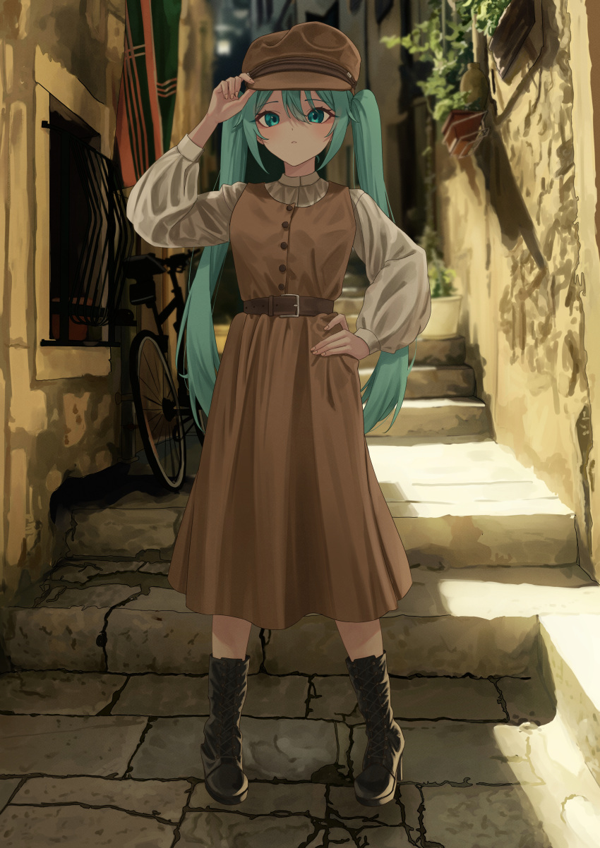 1girl absurdres alley alternate_costume amaama_(beccyonaika1) aqua_eyes aqua_hair belt bicycle boots brown_dress brown_headwear casual dress hand_on_headwear hand_on_own_hip hat hatsune_miku highres long_hair looking_at_viewer shade solo stairs twintails vocaloid