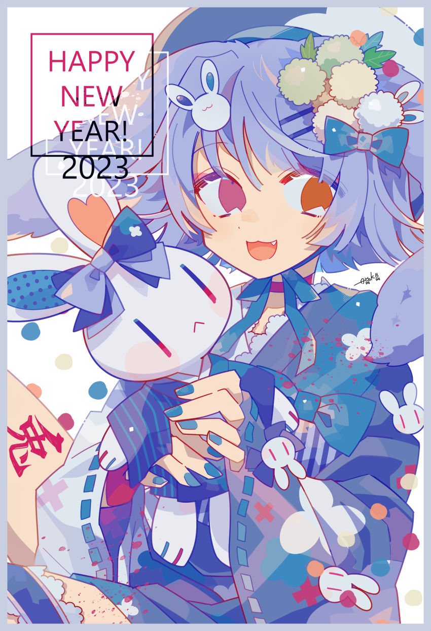 1girl 2023 animal_ears auko blue_bow blue_nails bow commentary_request hair_bow hair_ornament happy_new_year heterochromia highres holding holding_stuffed_toy japanese_clothes kimono leg_tattoo leg_up long_sleeves looking_at_viewer lop_rabbit_ears nail_polish orange_eyes original pink_eyes purple_hair purple_kimono rabbit rabbit_ears rabbit_girl rabbit_hair_ornament short_hair signature simple_background solo stuffed_animal stuffed_rabbit stuffed_toy tattoo white_background wide_sleeves |_|