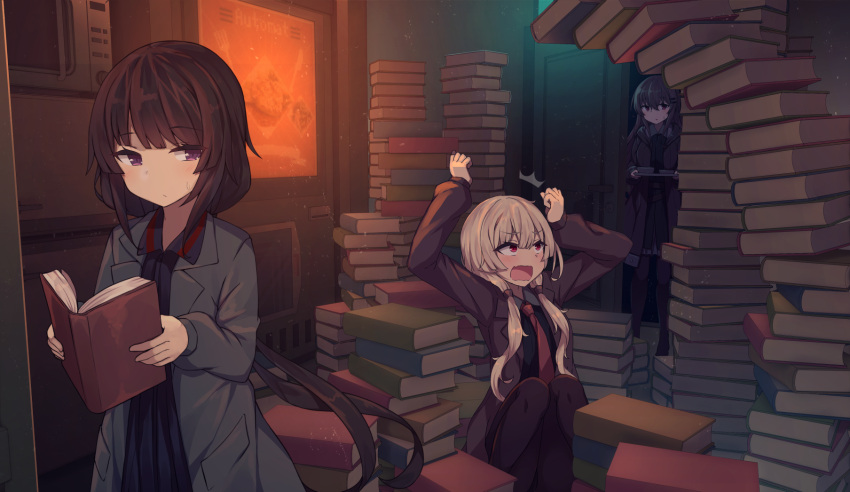 3girls black_hair book bowl brown_hair closed_mouth door food highres laica_(marfusha) lolikaku long_hair looking_at_viewer low_twintails marfusha marfusha_(marfusha) multiple_girls necktie pantyhose pile_of_books reading red_eyes strelka_(marfusha) surprised sweat tray twintails uniform violet_eyes