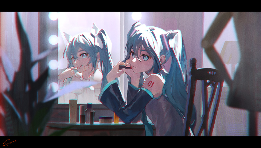 1girl absurdres aqua_eyes aqua_hair blurry commentary cosmetics depth_of_field detached_sleeves different_reflection english_commentary grey_shirt hand_on_own_cheek hand_on_own_face hatsune_miku highres holding holding_lipstick_tube indoors letterboxed lipstick_tube long_hair looking_at_viewer looking_back multiple_views number_tattoo reflection shirt sitting sleeveless sleeveless_shirt smile tattoo twintails vocaloid yos_(72112764)