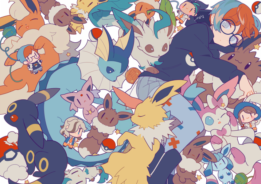 1girl 6+others arven_(pokemon) auko black_hair black_hoodie blue_hair blue_headwear blue_vest brown_eyes brown_hair character_doll closed_eyes collared_shirt comiket_102 commentary_request cover cover_page doujin_cover eevee espeon flareon glaceon glasses green_hair grey_eyes hair_over_one_eye hood hoodie jolteon juliana_(pokemon) leafeon light_brown_hair lying multicolored_hair multiple_others necktie nemona_(pokemon) on_side orange_necktie orange_pants outstretched_arms pants penny_(pokemon) poke_ball poke_ball_print pokemon pokemon_(creature) pokemon_sv red_eyes redhead round_eyewear shirt spread_arms star_(symbol) streaked_hair stuffing sylveon two-tone_hair umbreon vaporeon vest white_shirt yarn yarn_ball |_|