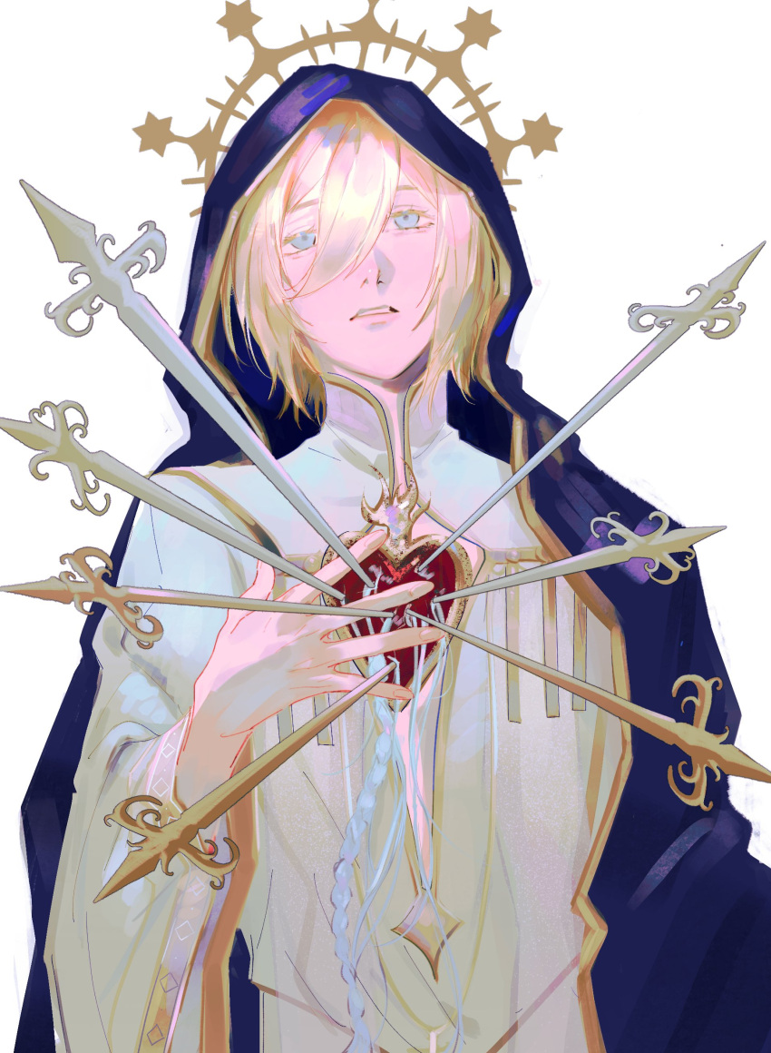 1boy absurdres blonde_hair blood blue_cloak blue_eyes braid center_opening cloak dagger english_commentary ensemble_stars! hand_on_own_chest highres hood hooded_cloak knife long_sleeves looking_up male_focus open_mouth raingoes_up shirt short_hair solo tenshouin_eichi weapon white_background white_shirt wide_sleeves