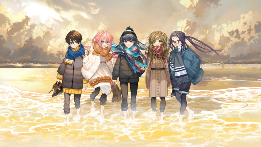 5girls ahoge argyle argyle_scarf arlizi arms_behind_back barefoot beach beanie belt black-framed_eyewear black_coat black_hair black_headwear black_leggings black_pants black_shorts blue_coat blue_eyes blue_scarf blunt_bangs boots brown_eyes brown_footwear brown_hair closed_mouth clouds cloudy_sky coat commentary cross-laced_footwear dress fang fur-trimmed_shorts fur_trim glasses green_eyes hair_between_eyes hair_bobbles hair_ornament hand_in_pocket hands_in_pockets hat highres holding holding_shoes inuyama_aoi kagamihara_nadeshiko lace-up_boots leggings long_hair long_sleeves looking_at_another looking_at_viewer looking_to_the_side multiple_girls nail_polish ocean oogaki_chiaki open_mouth orange_nails orange_scarf outdoors pants pants_rolled_up pink_belt pink_coat pink_eyes pink_hair pom_pom_(clothes) pom_pom_beanie ribbed_sweater saitou_ena scarf shima_rin shirt shoes short_hair shorts side_ponytail skin_fang sky sleeves_past_wrists smile standing striped_clothes striped_scarf sunset sweater sweater_dress symbol-only_commentary thick_eyebrows twintails unworn_shoes wading white_coat white_dress wide_shot winter_clothes yellow_shirt yurucamp