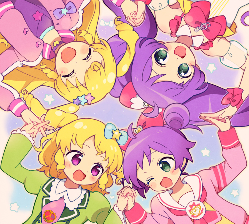 4girls 5.5 :d ahoge avocado_academy_school_uniform blonde_hair bow cardigan circle_formation closed_eyes detached_sleeves double_bun dual_persona eye_contact facing_viewer from_above green_eyes green_jacket hair_bow hair_bun hands_up holding_hands idol_clothes idol_time_pripara interlocked_fingers jacket juliet_sleeves long_hair long_sleeves looking_at_another lying manaka_laala manaka_laala_(young) multiple_girls neckerchief on_back one_eye_closed open_mouth paprika_private_academy_school_uniform pink_bow pink_cardigan pink_jacket pink_neckerchief pretty_series pripara puffy_detached_sleeves puffy_sleeves purple_hair ringlets sailor_collar school_uniform short_hair smile treble_clef twintails two_side_up upper_body upside-down very_long_hair violet_eyes white_sailor_collar yumekawa_yui