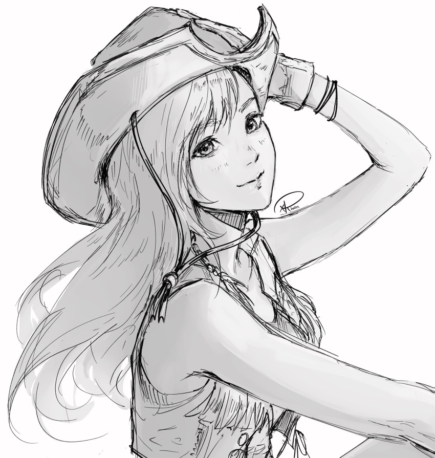 1girl bare_shoulders breasts closed_mouth commentary cowboy_hat crisis_core_final_fantasy_vii final_fantasy final_fantasy_vii final_fantasy_vii_rebirth final_fantasy_vii_remake gloves greyscale hand_on_headwear hat highres light_blush long_hair looking_at_viewer medium_breasts monochrome signature sketch smile solo swept_bangs tifa_lockhart tifa_lockhart_(cowgirl) upper_body vest white_background xriviia