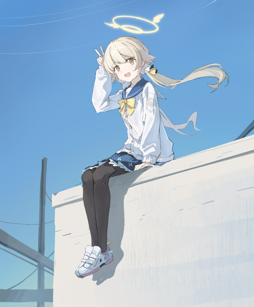 1girl absurdres arm_up black_pantyhose blonde_hair blue_archive blue_skirt blue_sky commentary_request day full_body halo hifumi_(blue_archive) highres kafuuchino_(chouti) long_hair long_sleeves looking_at_viewer low_twintails open_mouth outdoors pantyhose school_uniform serafuku shirt shoes sitting skirt sky smile solo twintails v white_shirt yellow_eyes yellow_halo