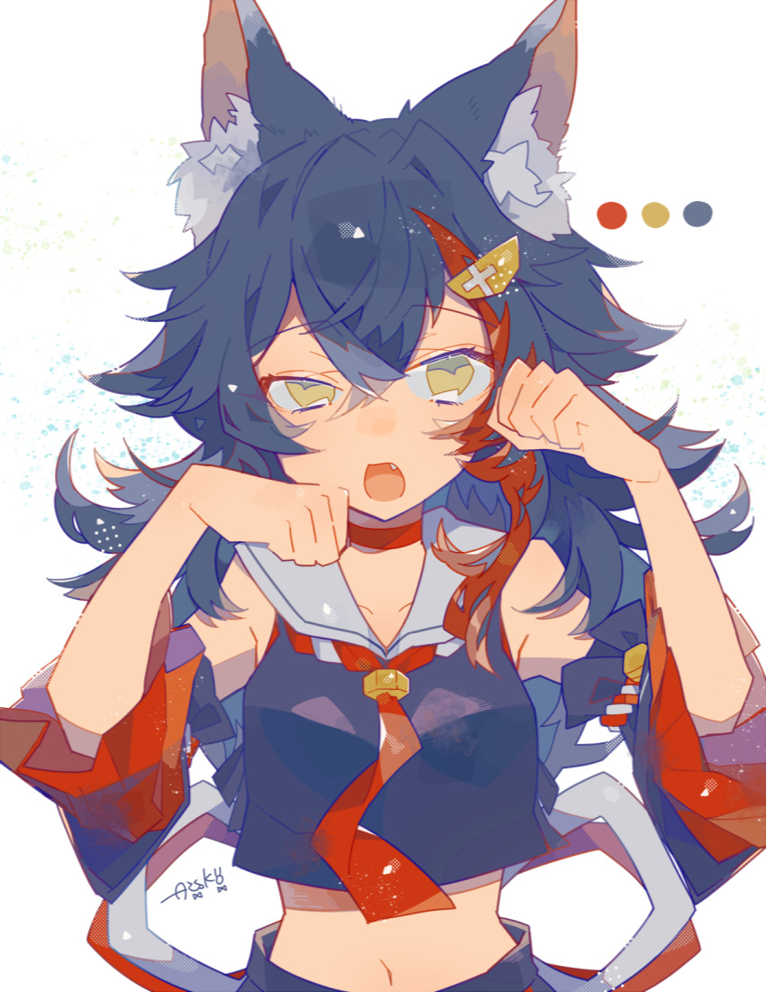 1girl animal_ear_fluff animal_ears auko black_hair black_shirt choker color_guide commentary_request crop_top detached_sleeves highres hololive long_hair looking_at_viewer messy_hair multicolored_hair navel necktie ookami_mio ookami_mio_(1st_costume) open_mouth paw_pose red_choker red_necktie redhead sailor_collar shirt signature simple_background solo stomach streaked_hair upper_body virtual_youtuber white_background white_sailor_collar wolf_ears wolf_girl yellow_eyes