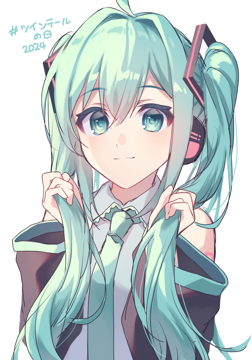 1girl 2024 absurdres ahoge black_sleeves blue_eyes blue_hair blue_necktie blue_trim closed_mouth collared_shirt detached_sleeves grey_shirt hair_between_eyes hair_intakes hair_ornament hatsune_miku headphones highres holding holding_hair kurobikari long_hair long_sleeves looking_at_viewer necktie shirt sketch sleeveless sleeveless_shirt smile solo twintails twintails_day upper_body very_long_hair vocaloid wing_collar