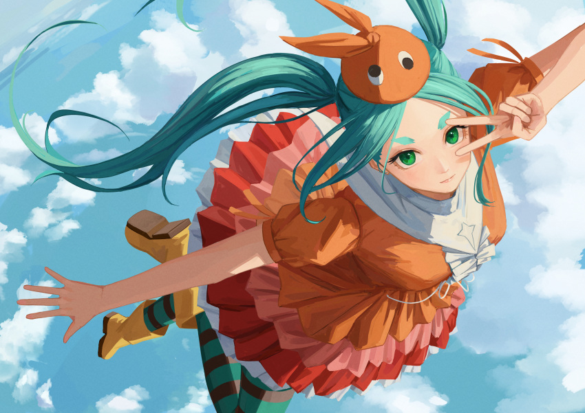 1girl absurdres aqua_hair blue_sky boots closed_mouth clouds day dress falling googly_eyes green_eyes highres long_hair looking_at_viewer midair monogatari_(series) nemo_ringo ononoki_yotsugi orange_dress orange_headwear outdoors pantyhose rubber_boots sky solo striped_clothes striped_pantyhose twintails v v_over_eye yellow_footwear