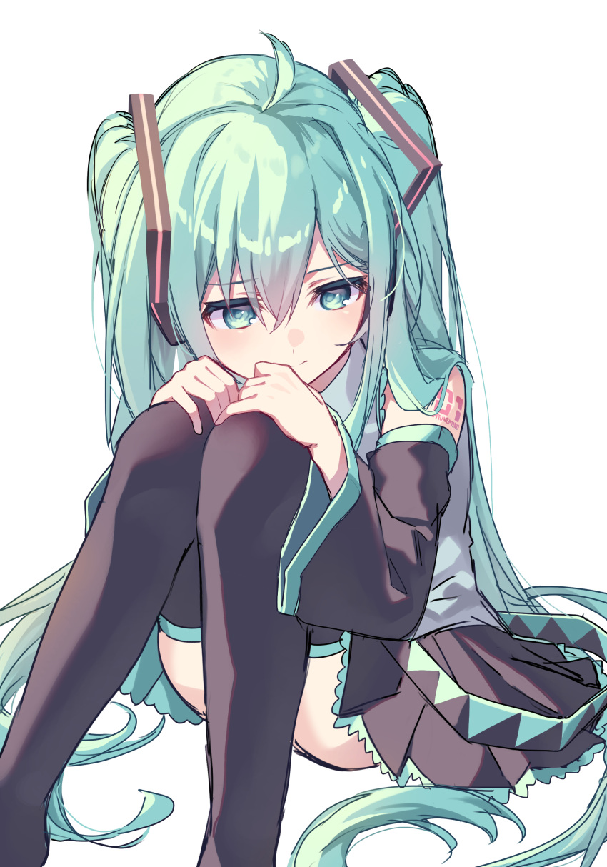 1girl absurdres aqua_eyes aqua_hair arm_tattoo black_skirt black_sleeves black_thighhighs closed_mouth detached_sleeves feet_out_of_frame hair_between_eyes hands_on_own_knees hatsune_miku headphones highres kurobikari long_hair looking_down miniskirt number_tattoo pleated_skirt simple_background sitting sketch skirt solo tattoo thigh-highs twintails very_long_hair vocaloid white_background zettai_ryouiki