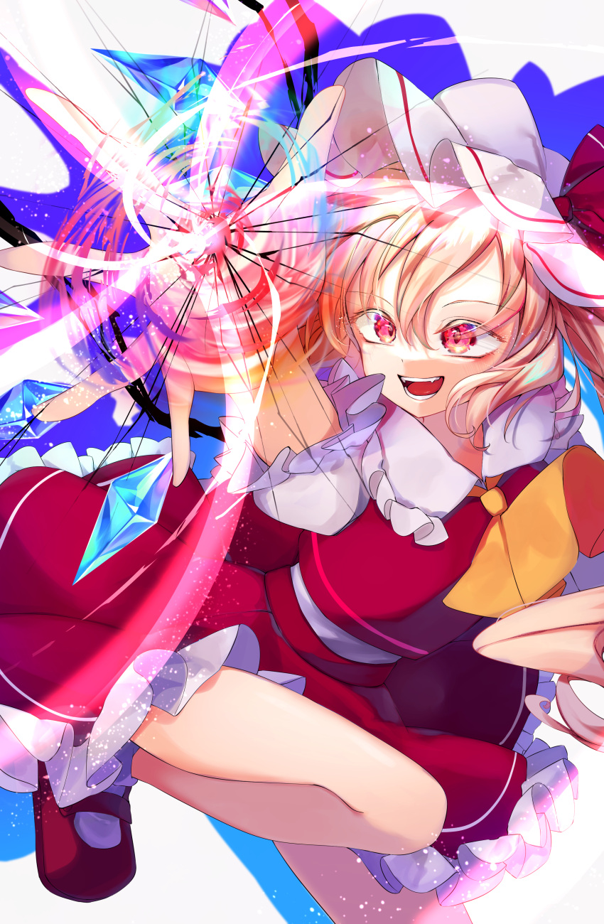1girl absurdres ascot blonde_hair calpis118 cowboy_shot crystal_wings dress flandre_scarlet frills hat hat_ribbon highres mary_janes medium_hair mob_cap open_mouth puffy_short_sleeves puffy_sleeves red_dress red_eyes red_ribbon ribbon shoes short_sleeves side_ponytail solo thighs touhou yellow_ascot