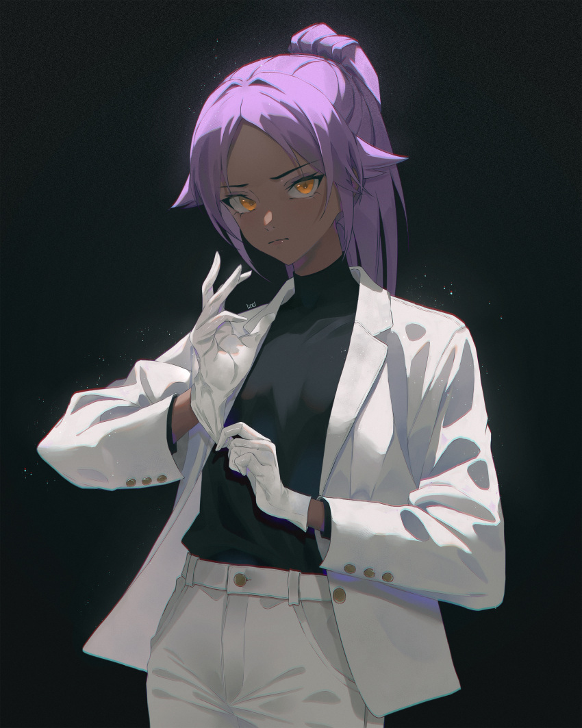 1girl absurdres alternate_costume artist_name belt black_background black_shirt bleach closed_mouth commentary dark-skinned_female dark_skin gloves highres izei1337 jacket long_hair looking_at_viewer open_clothes open_jacket pants parted_bangs purple_hair putting_on_gloves shihouin_yoruichi shirt shirt_tucked_in solo suit_jacket turtleneck_shirt white_belt white_gloves white_jacket white_pants yellow_eyes