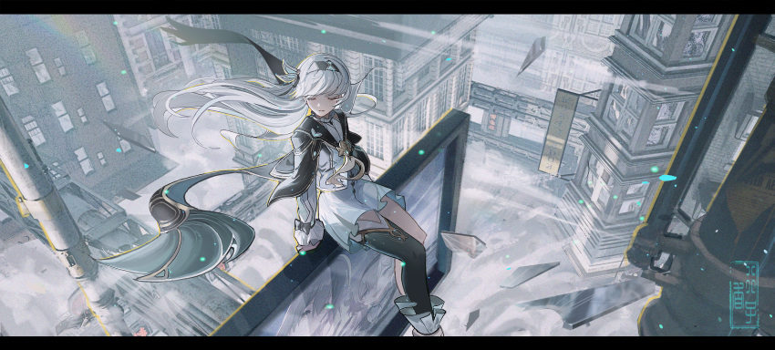 1girl arms_at_sides billboard black_cape black_hairband black_jacket black_thighhighs blue_skirt boots building cape cityscape closed_eyes closed_mouth clouds cropped_jacket dangling day facing_to_the_side firefly_(honkai:_star_rail) floating_cape floating_hair from_above hair_intakes hairband highres honkai:_star_rail honkai_(series) industrial_pipe jacket legs_together letterboxed long_bangs long_sleeves miniskirt neckerchief outdoors pleated_skirt qian_zao_tihaya scenery shirt sidelocks sign single_thighhigh sitting skirt smile solo thigh-highs watermark white_footwear white_hair white_neckerchief white_shirt