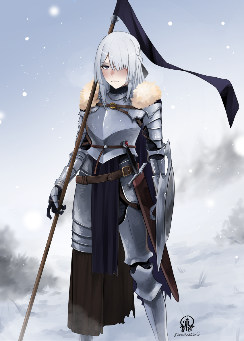 1girl ak-15_(girls'_frontline) armor blue_cape braid cape closed_mouth couter cuirass cuisses darkpulsegg feet_out_of_frame fur-trimmed_cape fur_trim gauntlets girls_frontline greaves grey_hair hair_over_one_eye highres holding holding_shield knight long_hair looking_at_viewer outdoors poleyn rerebrace sheath sheathed shield snow solo sword vambraces weapon