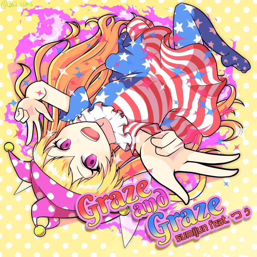 1girl 3k2_vdme :d absurdres american_flag_dress american_flag_legwear blonde_hair clownpiece commentary_request double_v dress english_text fairy_wings fire full_body hat highres jester_cap light_blush long_hair looking_at_viewer multicolored_clothes multicolored_dress neck_ruff no_shoes open_mouth outstretched_arms pantyhose polka_dot polka_dot_background polka_dot_headwear purple_fire purple_headwear short_sleeves simple_background smile solo sparkle star_(symbol) star_print striped_clothes striped_dress striped_pantyhose touhou twitter_username upside-down v very_long_hair violet_eyes wings yellow_background