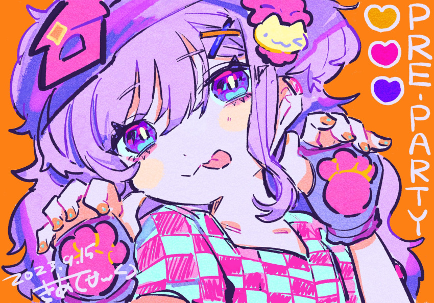 1girl bouryokuteki_ni_kawaii cat_hair_ornament checkered_clothes checkered_shirt dated fingerless_gloves gloves hair_between_eyes hair_ornament hands_up heart highres kiato long_hair looking_at_viewer nail_polish orange_background orange_nails paw_print purple_gloves purple_hair shirt short_sleeves signature smile solo tongue tongue_out two_side_up upper_body violet_eyes x_hair_ornament